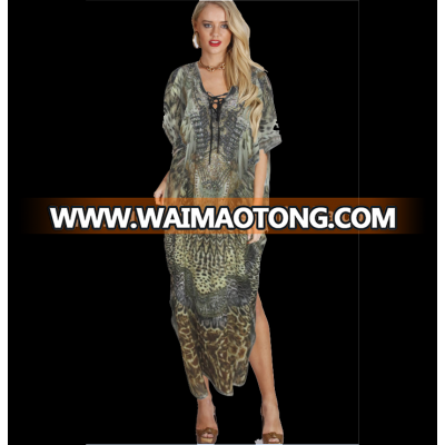 Animal Print Oversized V-Neck Lace Tie Kaftan